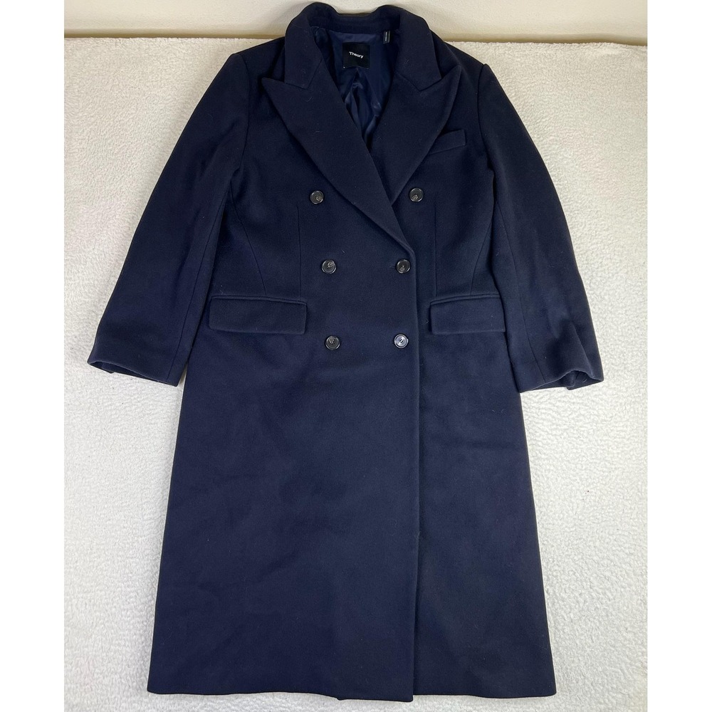 Theory Mens Large Blue Double Breasted Peak Plush Melton Wool Overcoat P0901413